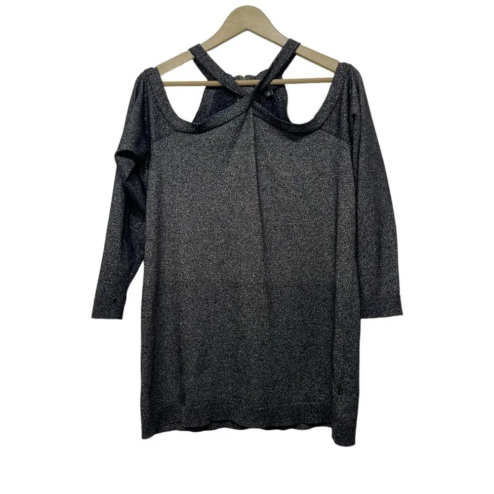 Torrid Black Metallic Cross Neck Back Zip Cold Shoulder Shirt Size 2X - Picture 3 of 8